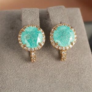 Gold Layered Green Druzy Gemstone Halo Earrings Sparkly Statement NWT